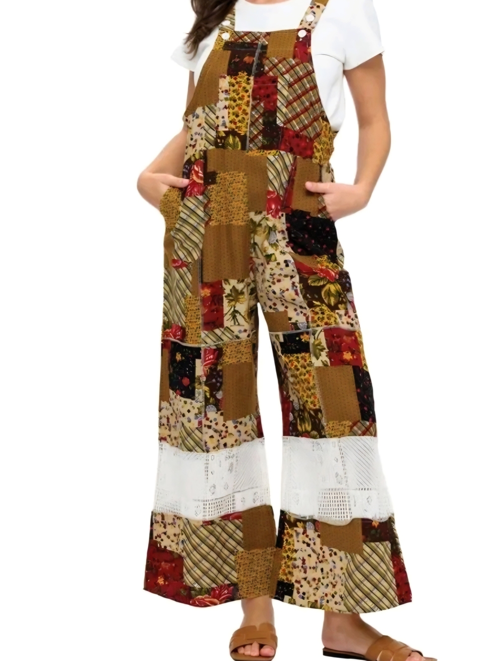 Patchwork Wide-Leg Jumpsuit with Crochet Hem in Brown Multi